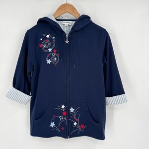 Breckendrige Navy Blue 3/4 Sleeve Embroidered Star Zip-Up Jacket Women's Sz M